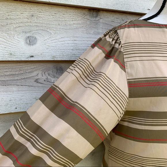 Vintage 80s Tan Striped Boat Neck Collarless Long Sleeve Popover Semi Sheer Top - Picture 11 of 16